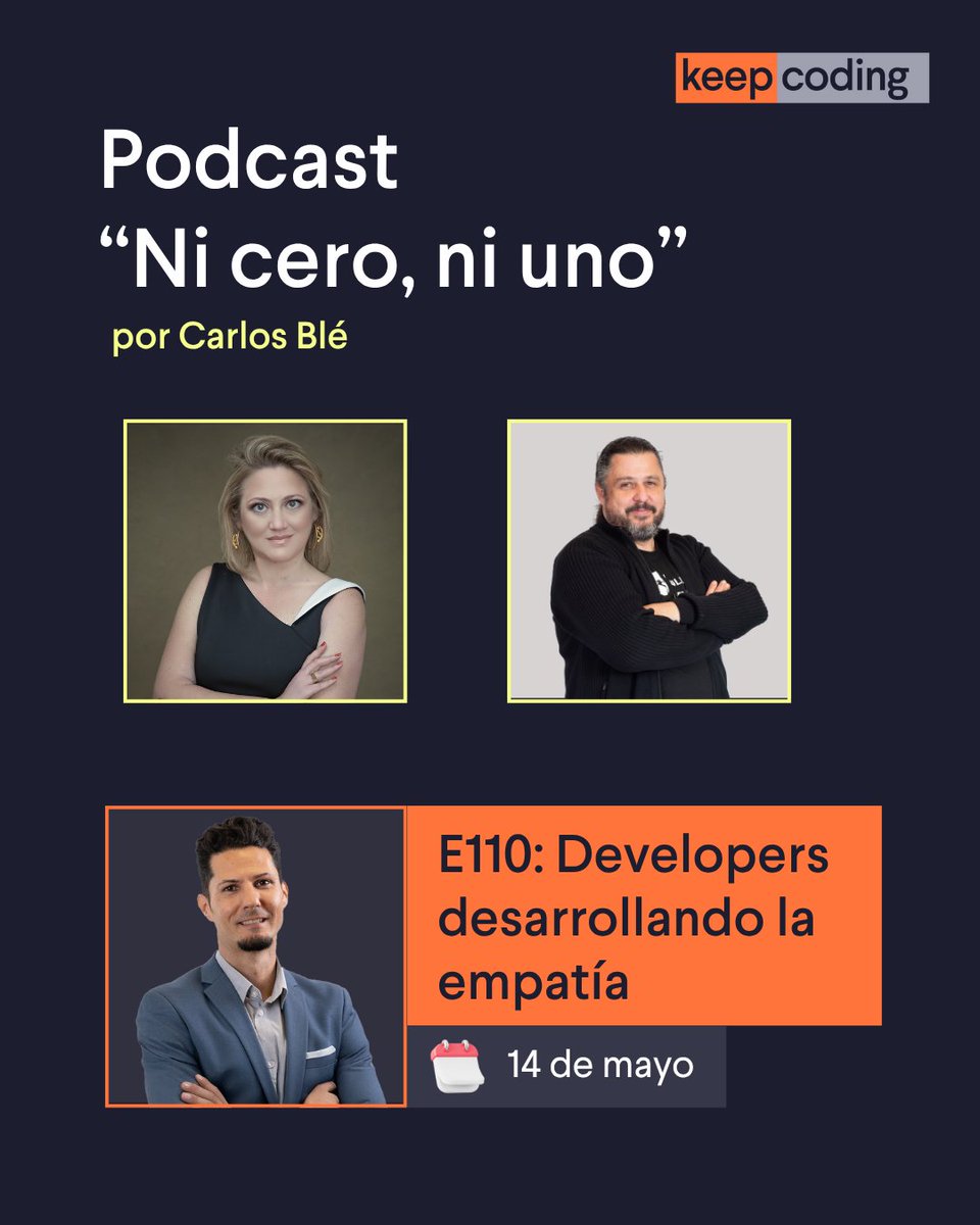KeepCoding® (@keepcoding_) on Twitter photo 🎙️ Mañana a las 15:30h, nuestro equipo, con Adriana Botelho y Ramón Maldonado estarán en el podcast “Ni cero, ni uno” con <a href="/carlosble/">Carlos Blé</a>.
Hablamos de developers, empatía, IA y el futuro. 💫
¡No te lo pierdas! ➡️open.spotify.com/show/7EFjOWSU5…
#KeepCoding #Podcast 🎙️ Mañana a las 15:30h, nuestro equipo, con Adriana Botelho y Ramón Maldonado estarán en el podcast “Ni cero, ni uno” con <a href="/carlosble/">Carlos Blé</a>.
Hablamos de developers, empatía, IA y el futuro. 💫
¡No te lo pierdas! ➡️open.spotify.com/show/7EFjOWSU5…
#KeepCoding #Podcast