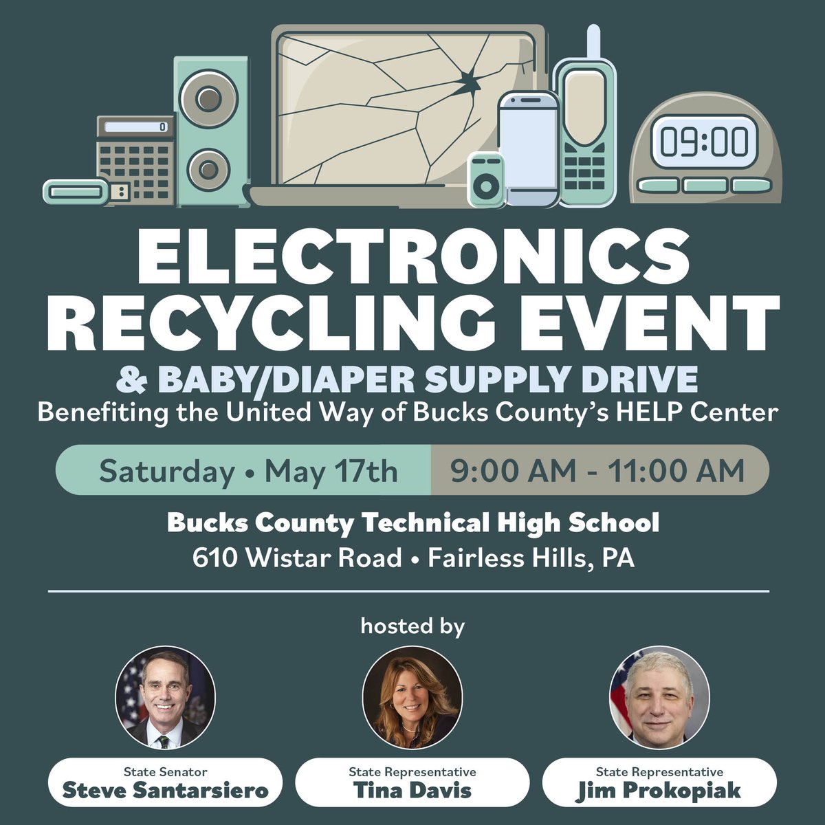 Rep. Jim Prokopiak (@repprokopiak) on Twitter photo Join us this Saturday, 9-11 a.m. at Bucks County Technical High School for our Electronics Recycling & Baby Supply Drive! 🌟 Bring small electronics (no TVs) & baby supplies for those in need. Co-hosted with <a href="/SenSantarsiero/">Steve Santarsiero</a>. Questions? Call (215) 943-7206. #BucksCounty Join us this Saturday, 9-11 a.m. at Bucks County Technical High School for our Electronics Recycling & Baby Supply Drive! 🌟 Bring small electronics (no TVs) & baby supplies for those in need. Co-hosted with <a href="/SenSantarsiero/">Steve Santarsiero</a>. Questions? Call (215) 943-7206. #BucksCounty