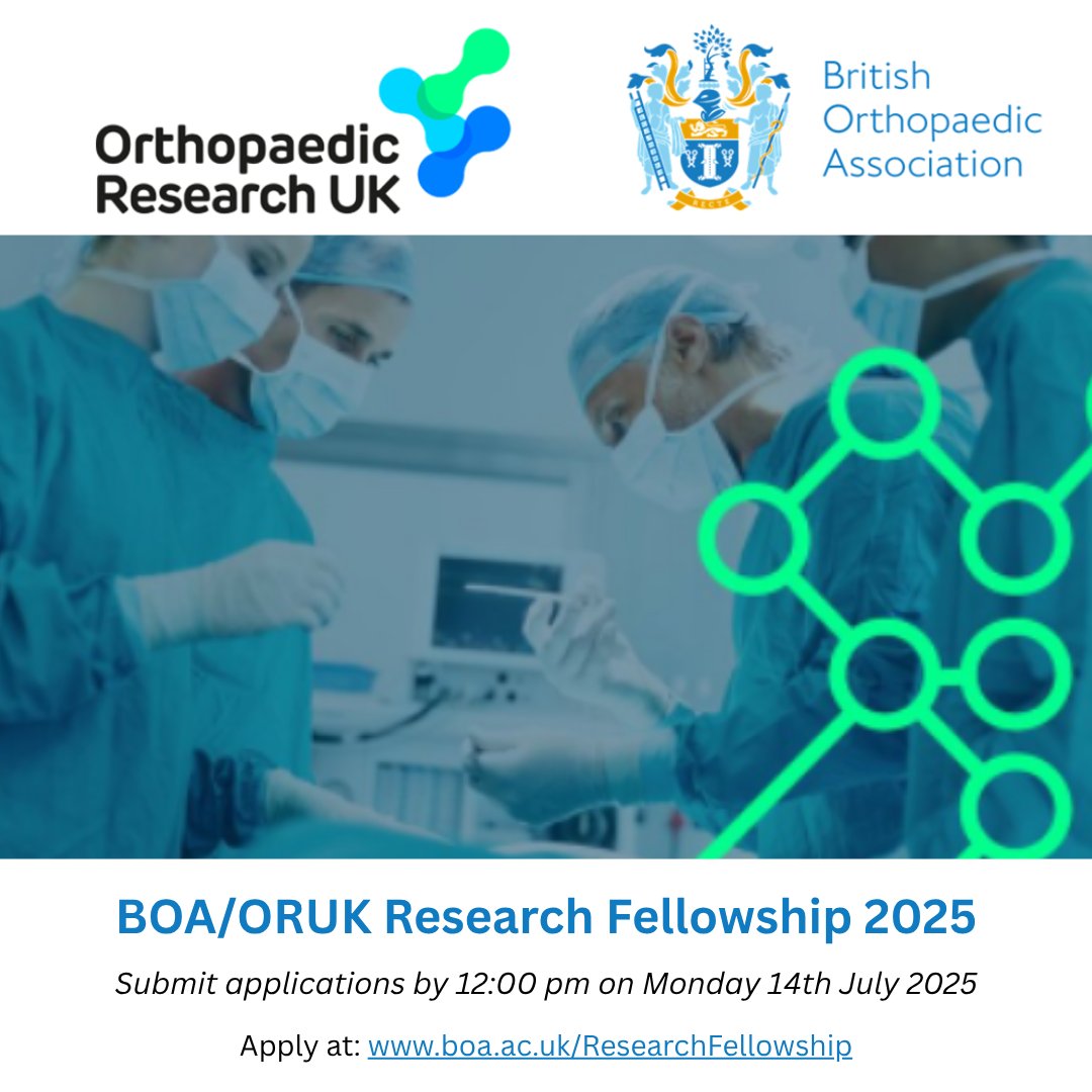 BOA (@britorthopaedic) on Twitter photo Applications for the joint BOA/ ORUK Research Fellowships are now open! Two fellowships of up to £65k will be available for a project in any area of orthopaedics. Applications are closing on 14th July 2025. <a href="/OR_UK/">Orthopaedic Research UK</a> Applications for the joint BOA/ ORUK Research Fellowships are now open! Two fellowships of up to £65k will be available for a project in any area of orthopaedics. Applications are closing on 14th July 2025. <a href="/OR_UK/">Orthopaedic Research UK</a>