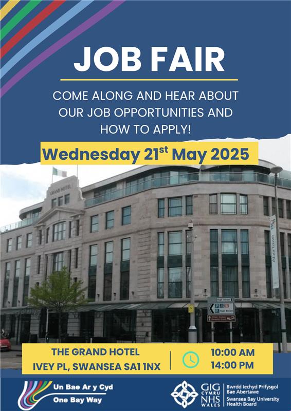We will be attending a job fair in The Grand Hotel, Swansea on Wednesday 21st May 2025, 10am - 2pm. 

Come along and hear about some of our job opportunities and how to apply!