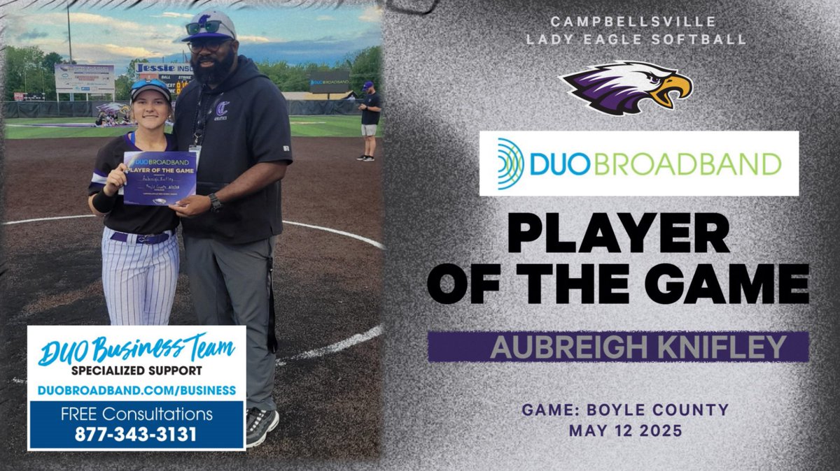 Congratulations to Aubreigh Knifley for being selected as the DUO Broadband Player of the Game in the Lady Eagles 7 to 5 win over Boyle Co last night.  Aubreigh went 2 for 3 at the plate and had 3 RBIs.  Thanks to DUO Broadband for being a corporate partner of CHS Athletics.