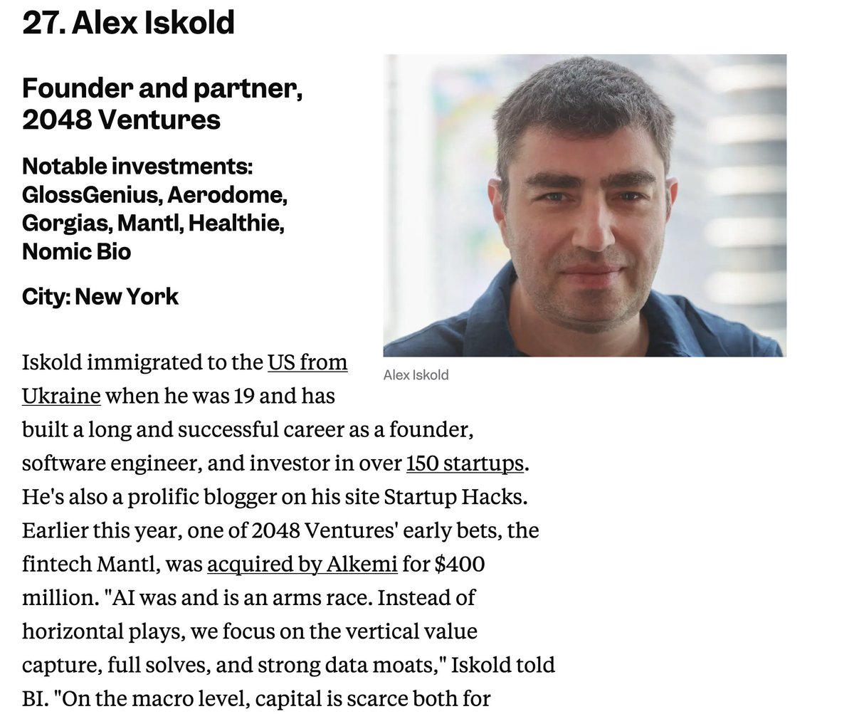2048 Ventures 🧬 🤖 ⚙️ (@2048vc) on Twitter photo Thank you <a href="/BusinessInsider/">Business Insider</a> for including our <a href="/2048vc/">2048 Ventures 🧬 🤖 ⚙️</a> Founder and Partner <a href="/alexiskold/">Alex Iskold | 2048.vc</a> on the list of Top 100 Seed Investors for 2025.
businessinsider.com/seed-100-best-…
Over the last decade in venture Alex had a chance to be the first check in <a href="/glossgenius/">GlossGenius</a> <a href="/gorgiasio/">Gorgias 📨</a> <a href="/mantlco/">MANTL</a> Thank you <a href="/BusinessInsider/">Business Insider</a> for including our <a href="/2048vc/">2048 Ventures 🧬 🤖 ⚙️</a> Founder and Partner <a href="/alexiskold/">Alex Iskold | 2048.vc</a> on the list of Top 100 Seed Investors for 2025.
businessinsider.com/seed-100-best-…
Over the last decade in venture Alex had a chance to be the first check in <a href="/glossgenius/">GlossGenius</a> <a href="/gorgiasio/">Gorgias 📨</a> <a href="/mantlco/">MANTL</a>