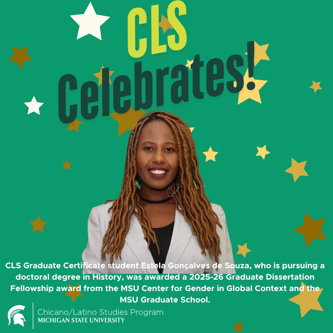 CLSatMSU's tweet image. Congratulations to CLS Graduate Certificate student Estela Gonçalves de Souza, who is pursuing a doctoral degree in History, who was awarded a 2025-26 GenCen Graduate Dissertation Fellowship award!
clstudies.msu.edu/news-events/ne…
#MSUSocialScience
