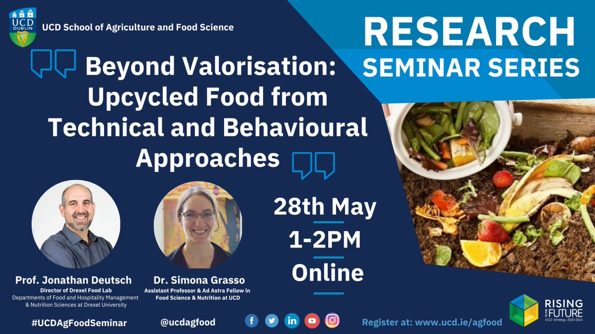 UCDFood&Health (@ucdfoodhealth) on Twitter photo The next School of Agriculture and Food Science seminar will take place online on May 28th, 1pm. Simona Grasso, Food Science and Nutrition, will speak alongside Jonathan Deutsch, Drexel University on the topic of upcycled food.
<a href="/ucdagfood/">UCD School Ag & Food</a>
Register: shorturl.at/OkAl7 The next School of Agriculture and Food Science seminar will take place online on May 28th, 1pm. Simona Grasso, Food Science and Nutrition, will speak alongside Jonathan Deutsch, Drexel University on the topic of upcycled food.
<a href="/ucdagfood/">UCD School Ag & Food</a>
Register: shorturl.at/OkAl7