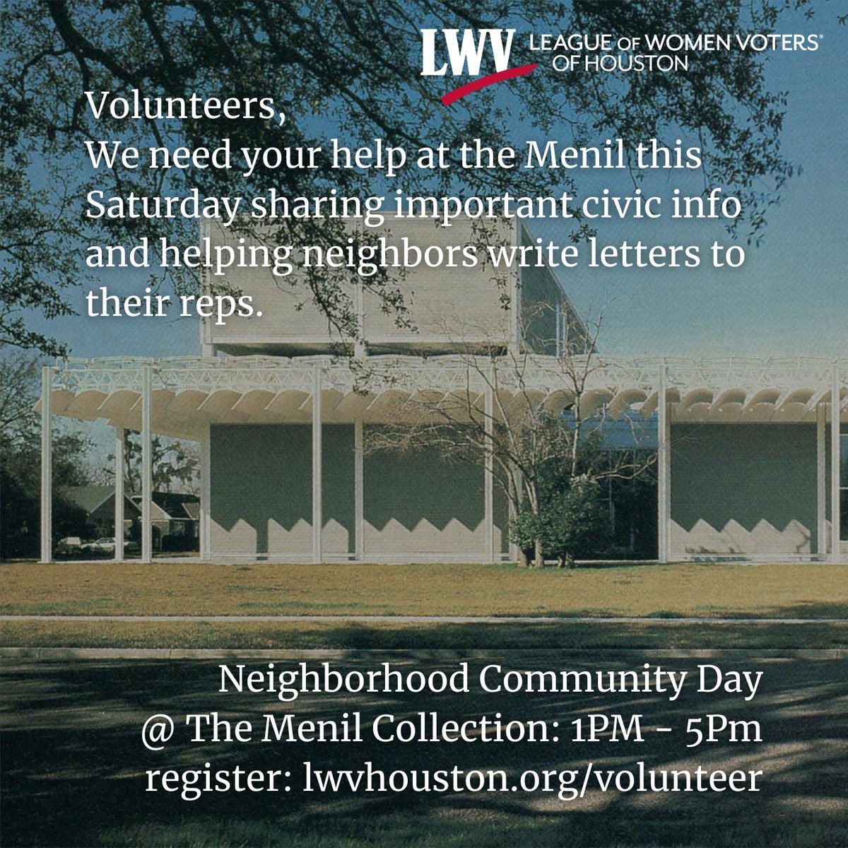We’re heading to the Menil Collection for Neighborhood Community Day on Saturday, May 17, from 1–5 PM—and we need your help!

Volunteer with the League to share civic info and help guests write letters to their reps!

📝 lwvhouston.org/volunteer
#LWVHouston #themenilcollection