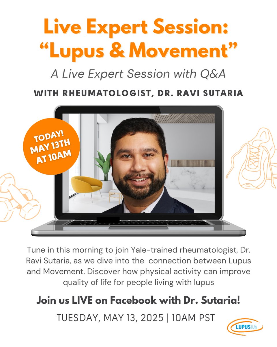 🎥 Join us LIVE on Facebook this morning at 10am PST / 1pm EST! Tune in today on Facebook Live for a brand-new Live Expert Session with Yale-trained rheumatologist, Dr. Ravi Sutaria, as we dive into the powerful connection between Lupus and Movement! 👟