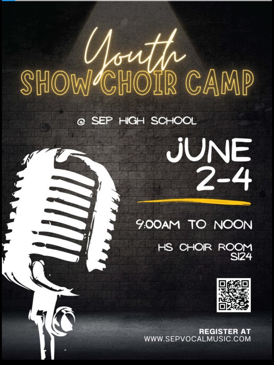 🚨ATTENTION 5-9th graders🚨

Do you want to learn a mini-show choir set in just 3 days? Sign up TODAY for our Youth Show Choir Camp!

May 19th is the last day to register and be guaranteed a T-shirt!

Visit sepvocalmusic.com to be apart of this amazing experience!!!