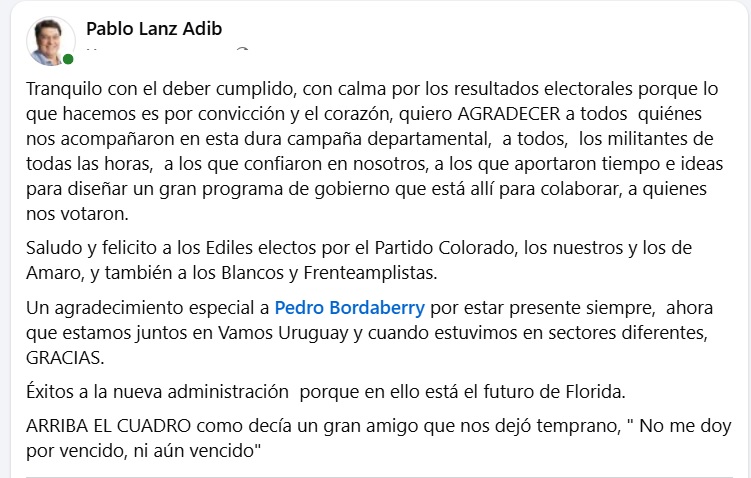 Pablo Lanz, quien fuera uno de los candidatos a la Intendencia por el Partido Colorado, reflexionó en redes sociales tras las elecciones departamentales. "No me doy por vencido, ni aún vencido", dijo <a href="/lanzadib/">Pablo Lanz Adib</a>