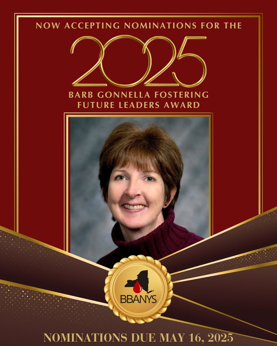 BBANYS (@bba_nys) on Twitter photo Last chance: Recognize your peers at #BBANYS2025! Nominate up-and-coming leaders in the field of transfusion medicine for the Barb Gonnella Fostering Future Leaders Award.
Nominations are due by this Friday, May 16, 2025: bbanys.org/2025-poster-pr… Last chance: Recognize your peers at #BBANYS2025! Nominate up-and-coming leaders in the field of transfusion medicine for the Barb Gonnella Fostering Future Leaders Award.
Nominations are due by this Friday, May 16, 2025: bbanys.org/2025-poster-pr…