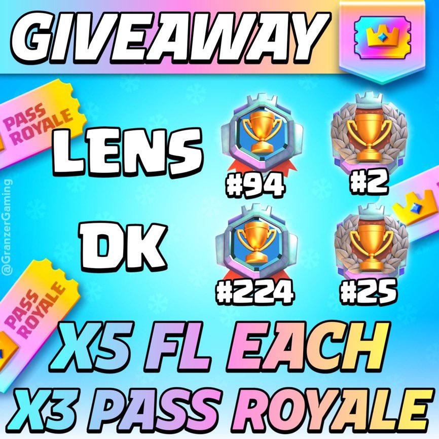 🎁 𝗚𝗜𝗩𝗘𝗔𝗪𝗔𝗬 🎁

 🎫 ×3 PASS ROYALE
🏆 ×5 FL EACH

🌟 Follow:
<a href="/GranzerGaming/">Punit✨</a>
<a href="/Griffith11x/">$ APJ $</a>
<a href="/N1ko_cr/">Niko</a>
<a href="/DK_CRIND/">DK</a>
<a href="/LenssCr/">Lenny</a>
🌟 Like♥️ &amp; RT♻️
🌟Tag 2 friends 👥

Ends in 5 days. Good Luck 🍀 
#SupercellPartner