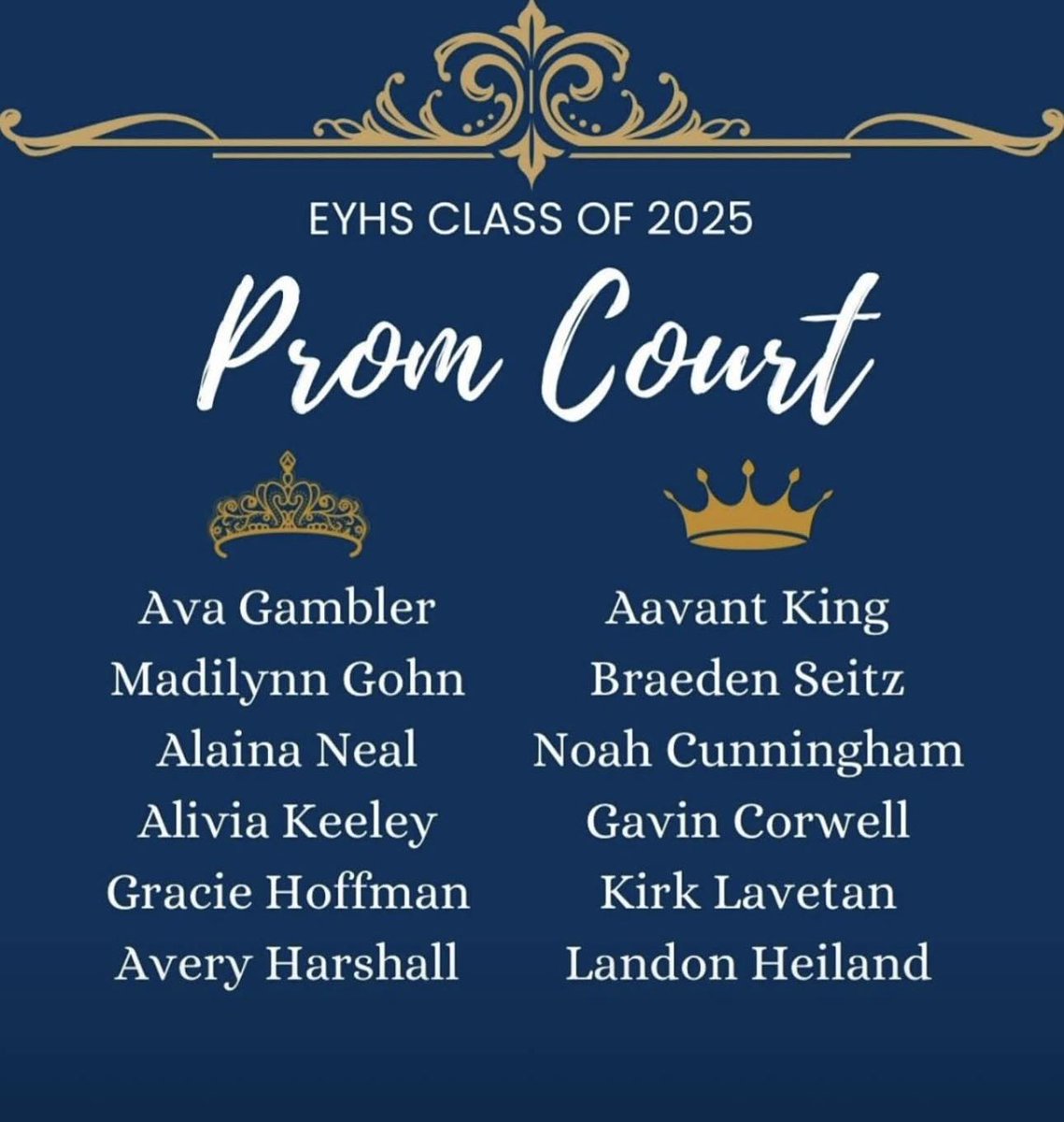 ✨ Let the countdown to Prom begin! ✨

This year’s Prom Court features an amazing group of seniors who represent kindness, spirit, and leadership. 

Wishing all of our seniors a magical, safe, and joy-filled Prom Knight! 💙💛

#EYHS2025 #PromKnight #ItsKnightTime #EYProm