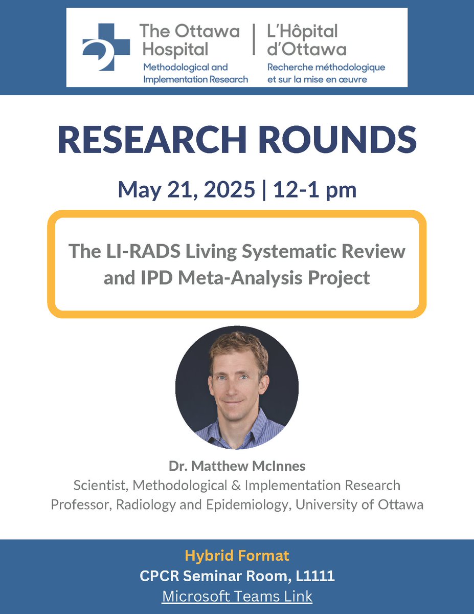 Mark your calendar for Dr. Matthew McInnes' presentation titled 'The LI-RADS Living Systematic Review and IPD Meta-Analysis Project'.
🗓️May 21/25
🕙12 pm – 1 pm ET
🗺️Hybrid – Centre for Practice Changing Research, Seminar Room L1111 &amp; Teams
