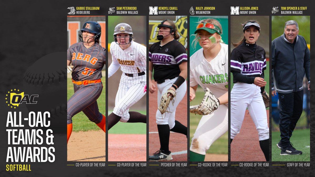 Ohio Athletic Conference (@ohathleticconf) on Twitter photo All-OAC Teams & Special Awards | Softball 🥎
Players of the Year: Gabbie Stallbaum, <a href="/BergAthletics/">Heidelberg Athletics</a> and Sam Peterkoski,<a href="/bwathletics/">Baldwin Wallace Athletics</a>
Pitcher of the Year: Kendyll Cahill, <a href="/purpleraiders/">Mount Union Purple Raiders</a>
Rookies of the Year: Haley Johnson, <a href="/DubCQuakers/">Wilmington Athletics</a> & Allison Jones, <a href="/purpleraiders/">Mount Union Purple Raiders</a>
Coaching All-OAC Teams & Special Awards | Softball 🥎
Players of the Year: Gabbie Stallbaum, <a href="/BergAthletics/">Heidelberg Athletics</a> and Sam Peterkoski,<a href="/bwathletics/">Baldwin Wallace Athletics</a>
Pitcher of the Year: Kendyll Cahill, <a href="/purpleraiders/">Mount Union Purple Raiders</a>
Rookies of the Year: Haley Johnson, <a href="/DubCQuakers/">Wilmington Athletics</a> & Allison Jones, <a href="/purpleraiders/">Mount Union Purple Raiders</a>
Coaching