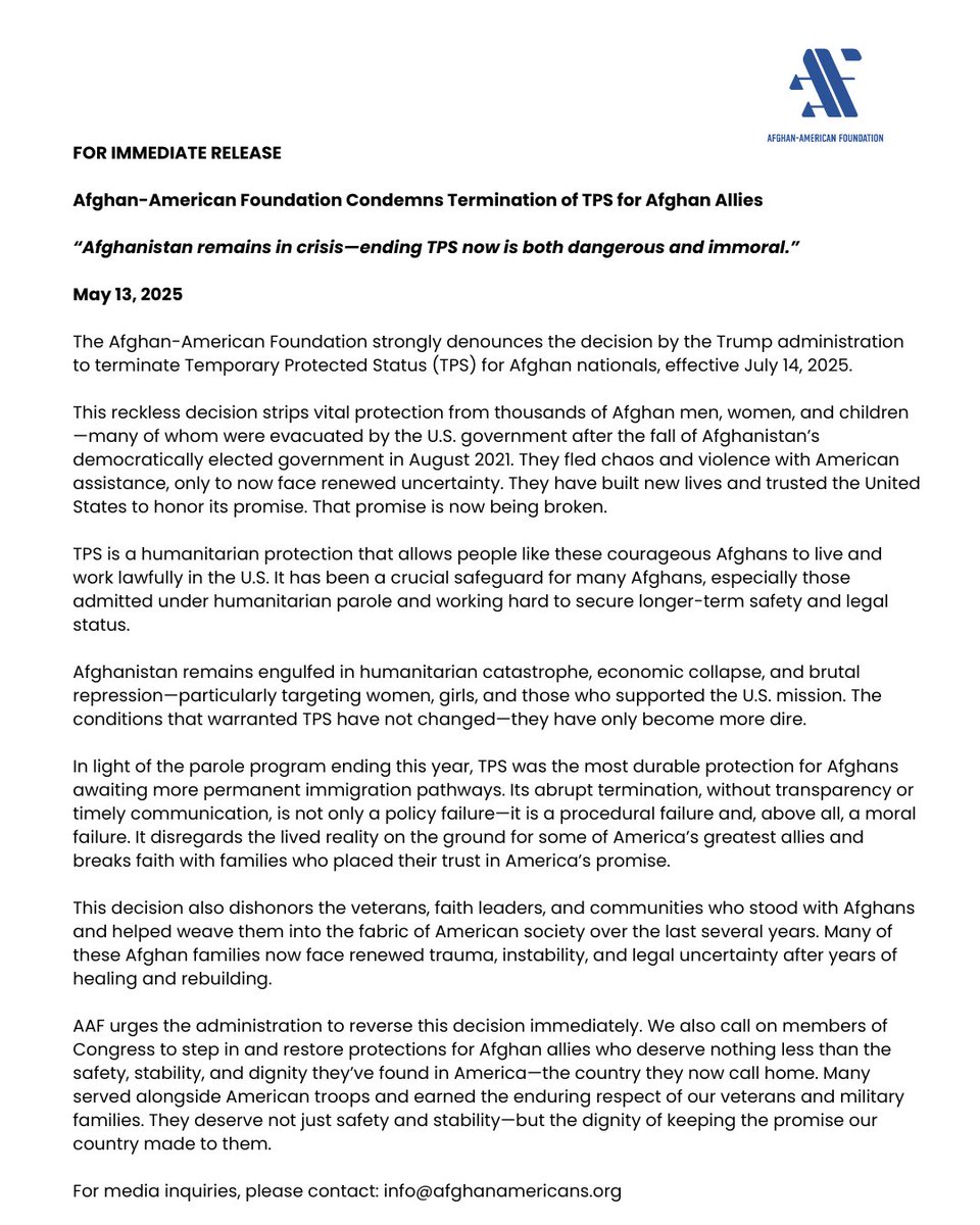 Ending TPS for Afghan allies is a dangerous, immoral failure.
Thousands were evacuated by the U.S. Now they face deportation. This breaks our promise.
AAF urges the admin &amp; Congress to reverse this. 

Read our full statement:

#TPSforAfghans #AfghanAllies #KeepThePromise