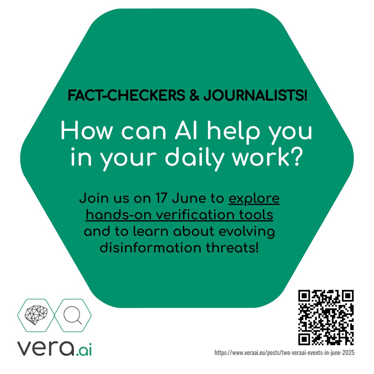 Journalist, fact-checker or working in disinformation detection?
This is for you!
On 17 June 2025 from 2-5pm CET we will showcase tools and services available for verification and factchecking coming out of veraAI.  
Interested?  
If so: join us!
Register: veraai.eu/posts/two-vera…