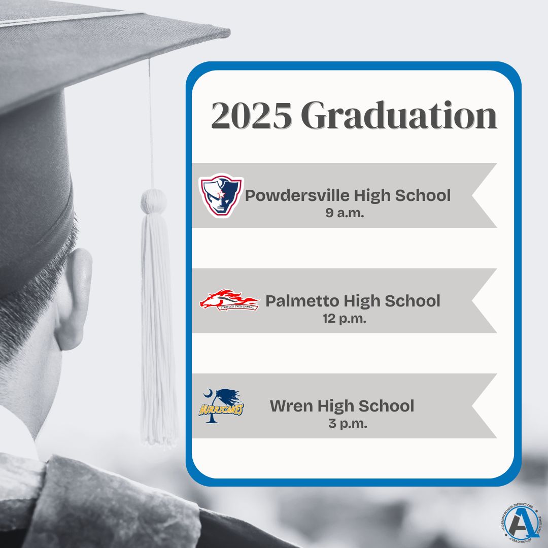 Celebrating the Class of 2025 🎓🎉Graduation is this Thursday, May 15th, at Littlejohn Coliseum.

Powdersville High School at 9 a.m.

Palmetto High School at 12 p.m.

Wren High School at 3 p.m.

🎥Livestream information: anderson1.org/article/2174863