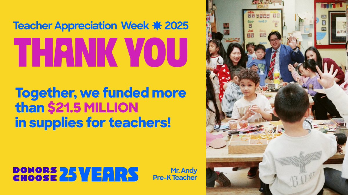 🎉Thank you to the #DonorsChoose community bringing on an incredible week for teachers! Together we raised $xx million for teachers — making it the biggest #TeacherAppreciationWeek ever. 🙌🏾 🎉

More than 44,500 people gave, and over 34,000 teachers had a project funded! 🍎🚀