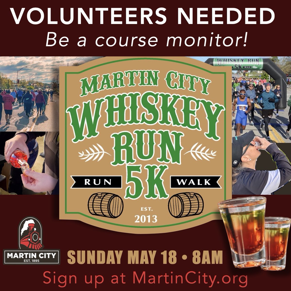 HEY, we need help! The Run is THIS Sunday!

Lots of work is going into the Martin City Whiskey Run 5k &amp; we need an extra boost from the community! Just 8 more people - that's all. Course monitors. EASY.

Sign up:
runsignup.com/.../Volu.../MO…

Learn more:  MartinCity.org