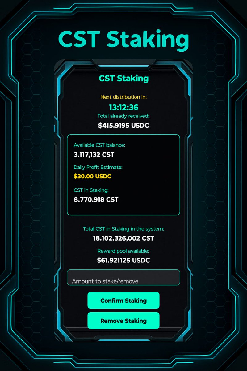 Earn USDC every day with CST Staking! CryptoStars' staking system is unlike anything you've ever seen. Here, rewards are paid in USDC daily, based on a sustainable and fair model. The staking pool is filled with 1.5% of tournament entries, ensuring real and constant income — it's