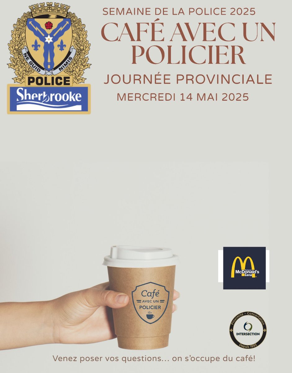 SEMAINE DE LA POLICE 2025 
Dans le cadre de la Semaine de la police, sous le thème « Au cœur de l’action, l’humain avant tout »  

Le SPS invite la population à l’activité « Café avec un policier », demain le 14 mai de 14h00 à 15h00, au parc Félix-Thibault, de 11h30 à 13h30 au