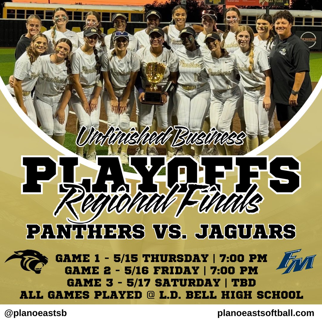 🔥 Plano East Softball is headed to ROUND 4 ‼️
📣 Regional Finals vs. Flower Mound
📍LD Bell HS
🗓️ 5/15 Thurs – 7PM
🗓️ 5/16 Fri – 7PM
🗓️ 5/17 Sat – TBD (if needed)
We’re not done yet. LET’S GO &amp; SHOW OUT 🥎👏🏼