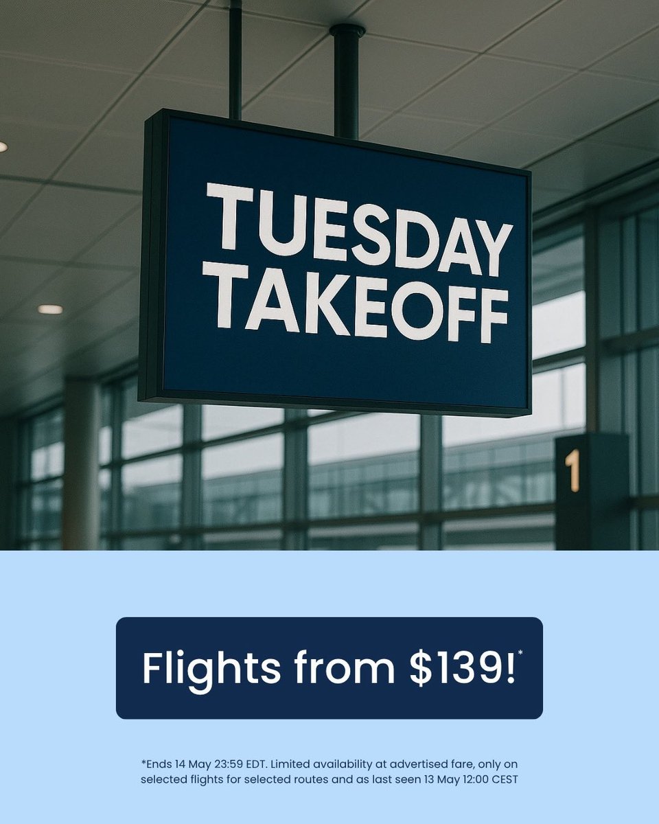 Tuesday Takeoff is here, with our best deals across the Atlantic and beyond. 

From quick escapes to dream destinations, these fares are freshly picked and ready for booking.

But don’t wait, offer ends 14 May 23:59 EDT, with limited availability across all routes. 

Ready to