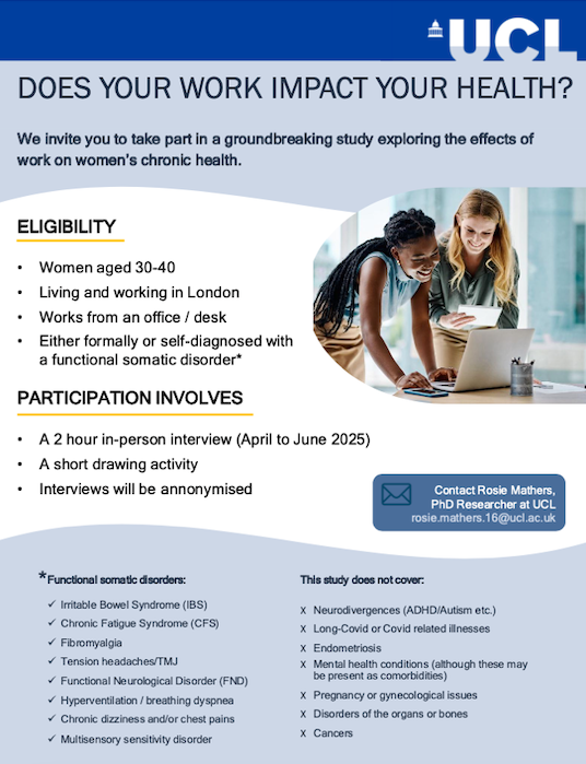 Fibromyalgia Action UK (@fmauk) on Twitter photo RESEARCH OPPORTUNITY
Research involves 2 hours with breaks. Is only available to people in London. Expenses will not be provided. Looking for about 5 people with fibro.
If you are interested in this research study please contact Rosie at: rosie.mathers.16@ucl.ac.uk RESEARCH OPPORTUNITY
Research involves 2 hours with breaks. Is only available to people in London. Expenses will not be provided. Looking for about 5 people with fibro.
If you are interested in this research study please contact Rosie at: rosie.mathers.16@ucl.ac.uk