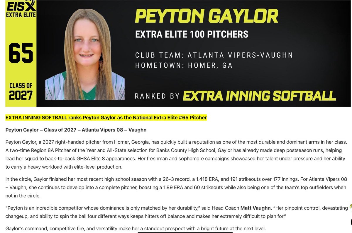 Big news today as Sophomore Peyton Gaylor was ranked #20 in the southeast for pitchers by @extrainningsoftball and #65 overall in the nation for pitchers for her class! 
Keep rocking, P! <a href="/PeytonGaylor7/">Peyton</a>
