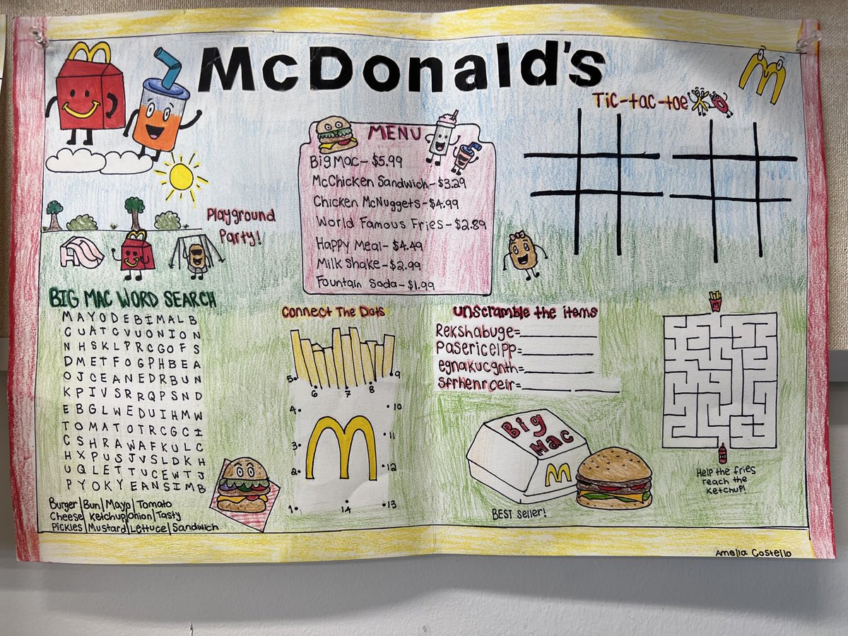 kuzminart's tweet photo. Applied Arts and Design 1 created children’s menus for restaurants!  These fun filled activity placemats have 10 characters, games, and food items targeted towards kids under 12 years old! ⁦@MTPSpride⁩ ⁦@MattFerriMHSN⁩ https://t.co/yqOPxw8pvV