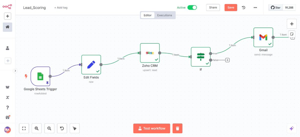 Sonwa127's tweet image. I automated lead scoring in Zoho CRM using n8n to prioritize high-value leads for a business.

Tools used are @n8n, Zoho CRM, Google Forms, and Gmail.
The next thread is about the importance of this workflow.
#BuildInPublic #IndieHackers #OpenSourceTools #TechTwitter #LowCode