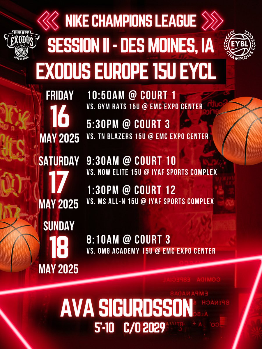 Ava Sigurdsson (@avasigurdsson) on Twitter photo It’s almost time! Here is our schedule for the EYCL session II in Des Moines, IA this weekend. Exodus Europe 15u EYCL!
<a href="/exoduseurope/">exoduseurope</a> <a href="/NikeGirlsEYBL/">Nike Girls EYBL</a> #NikeEYCL #eyblchampionsleague It’s almost time! Here is our schedule for the EYCL session II in Des Moines, IA this weekend. Exodus Europe 15u EYCL!
<a href="/exoduseurope/">exoduseurope</a> <a href="/NikeGirlsEYBL/">Nike Girls EYBL</a> #NikeEYCL #eyblchampionsleague