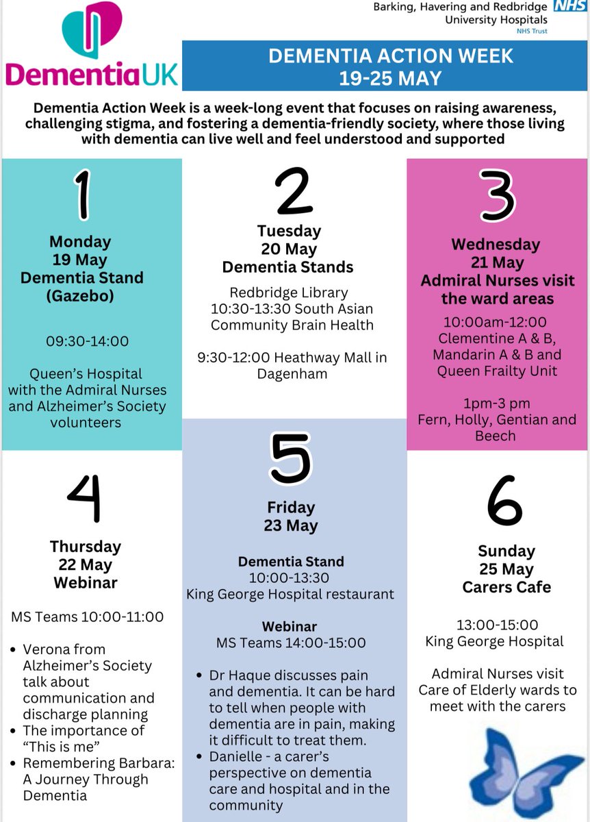 Next week is the start of Dementia Action Week. Here’s a sneak peek of what we have planned. We hope to see as many of you at the planned events across both sites 🦋