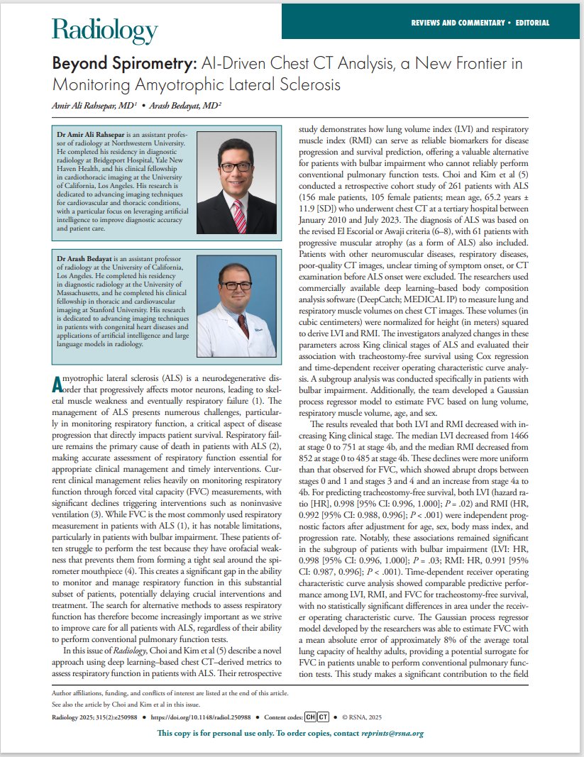 Amir A Rahsepar (@a_rahsepar) on Twitter photo New in Radiology: Our commentary on Choi & Kim’s AI-based chest CT analysis in ALS. A promising tool to assess respiratory function when spirometry isn’t feasible.Exciting step forward in AI+imaging care.<a href="/BedayatArash/">Arash Bedayat</a> <a href="/NURadiology/">Northwestern Radiology</a> <a href="/RadiologyUcla/">UCLA Radiology</a> #ALS #AI #Radiology #DeepLearning New in Radiology: Our commentary on Choi & Kim’s AI-based chest CT analysis in ALS. A promising tool to assess respiratory function when spirometry isn’t feasible.Exciting step forward in AI+imaging care.<a href="/BedayatArash/">Arash Bedayat</a> <a href="/NURadiology/">Northwestern Radiology</a> <a href="/RadiologyUcla/">UCLA Radiology</a> #ALS #AI #Radiology #DeepLearning