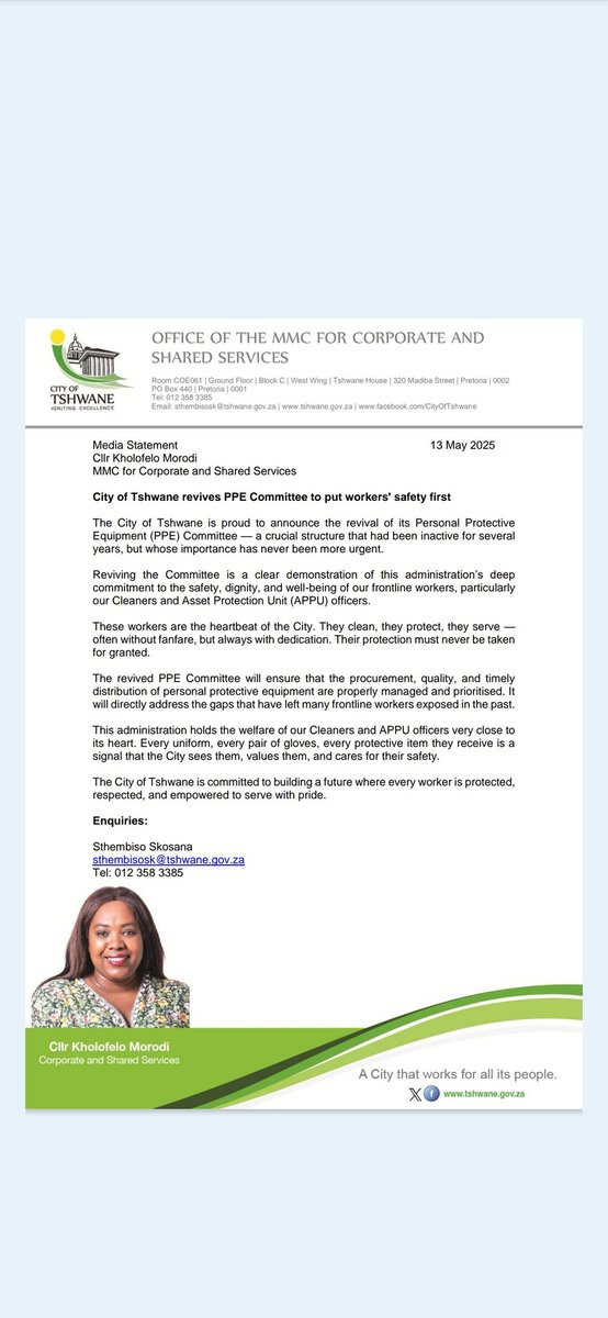 Kholofelo Morodi (@kholofelomorodi) on Twitter photo Media Statement
13 May 2025
City of Tshwane revives PPE Committee which was put to sleep by the previous administration, worker's safety is a Top Priority for us.
The insourced 100 Cleaners and APPU officers will be given proper equipment to reduce IODs.
<a href="/CityTshwane/">City of Tshwane</a> Media Statement
13 May 2025
City of Tshwane revives PPE Committee which was put to sleep by the previous administration, worker's safety is a Top Priority for us.
The insourced 100 Cleaners and APPU officers will be given proper equipment to reduce IODs.
<a href="/CityTshwane/">City of Tshwane</a>