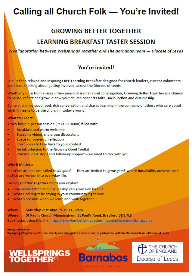 Learning Breakfast Taster Session

Join us for a relaxed and inspiring FREE Learning Breakfast designed for church leaders, current volunteers and those thinking about getting involved, across the Diocese of Leeds.

Different dates and locations, for info:
wellspringstogether.org.uk/whats-new/lear…