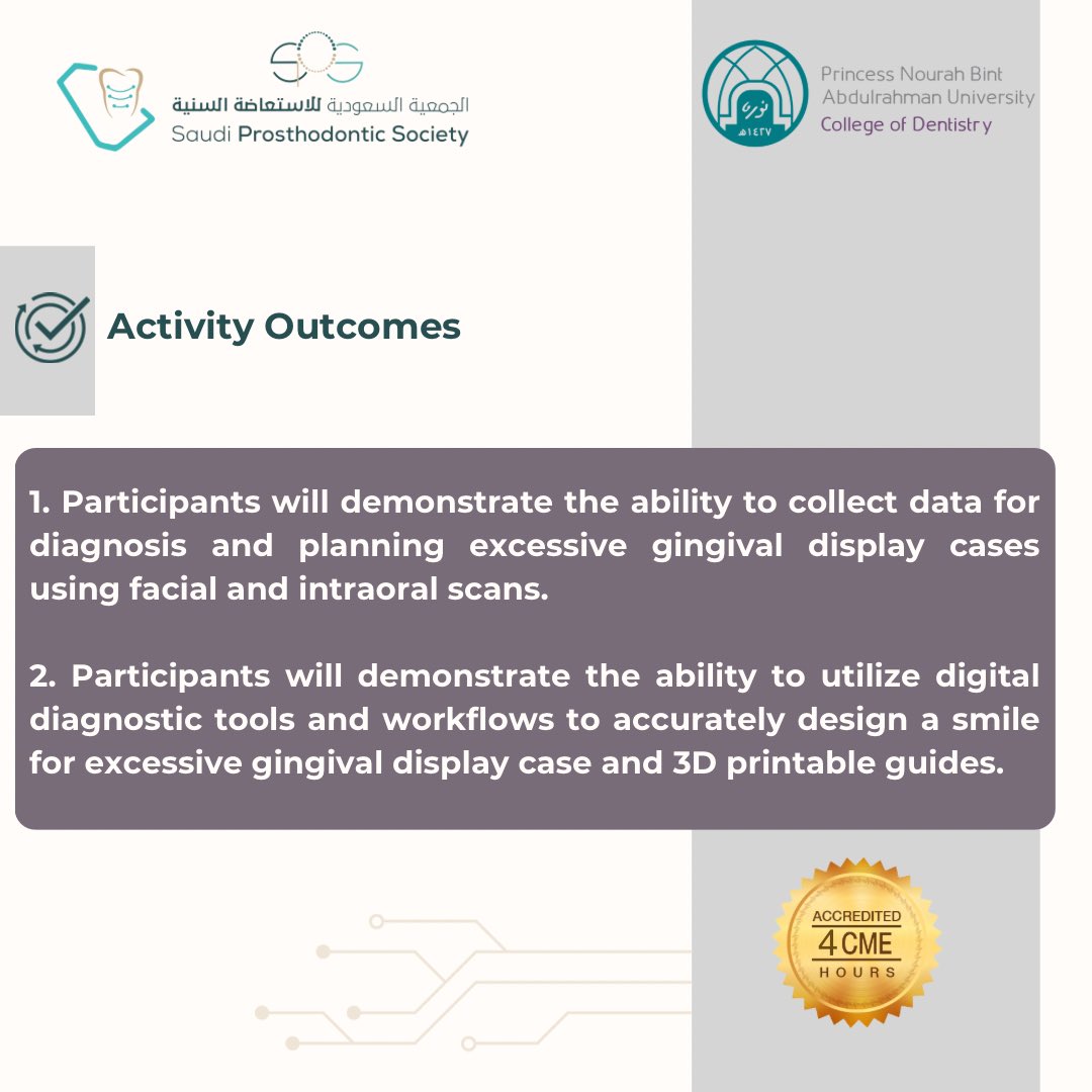 بالتعاون مع قسم الاستعاضة السنية بجامعة الأميرة نورة <a href="/_PNU_KSA/">جامعة الأميرة نورة</a> 

ندعوكم لحضور ورشة عمل

 Revolutionizing Smiles in the Digital Era: Addressing Excessive Gingival Display with Predictable Solutions

🎤 د. ولاء مجدي 
 📅 الاحد ١٨ مايو