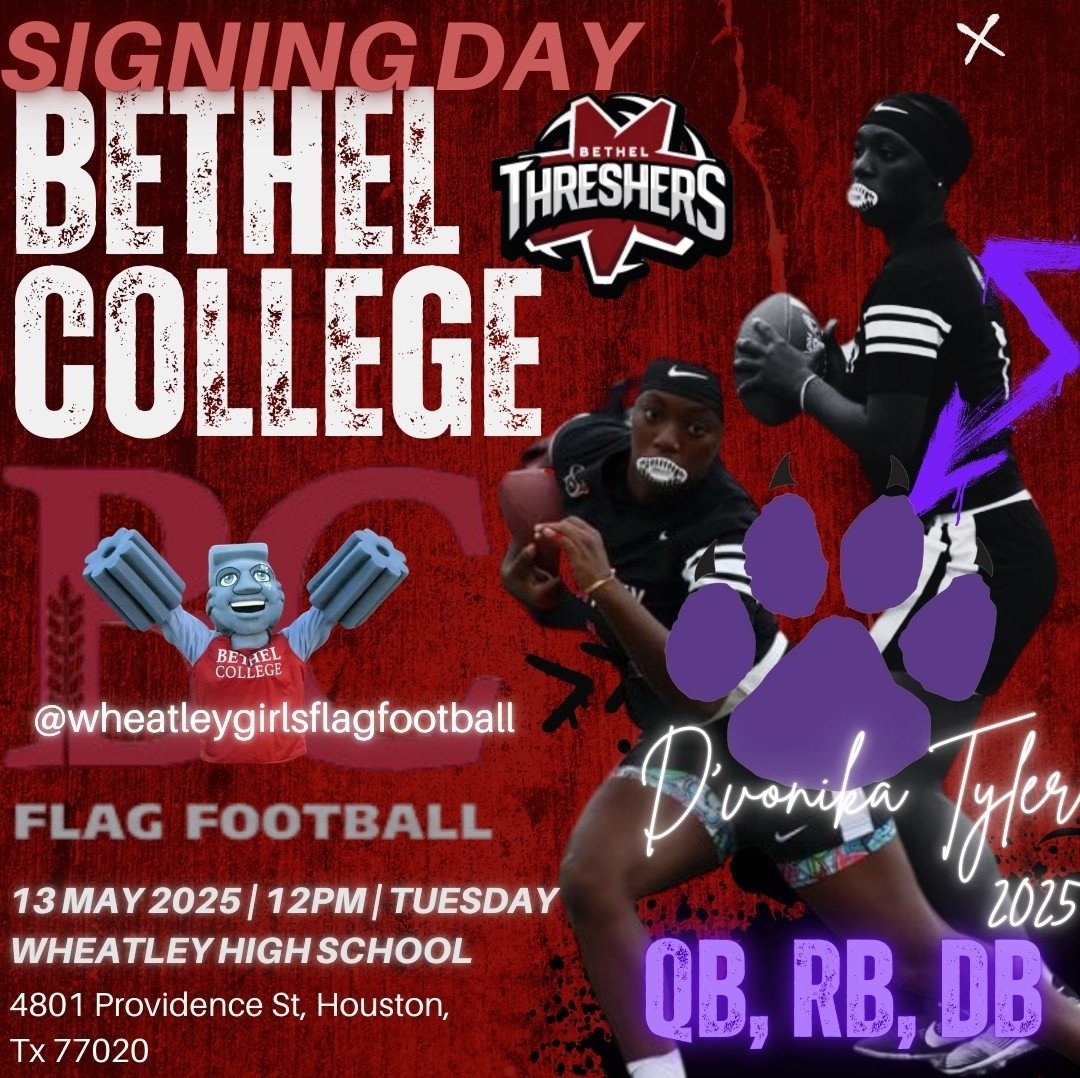 Congrats to our first Flag Football Scholarship recipient, D'Vonika Tyler, who will be signing with Bethel College today!  Shoutouts also to the team and coaches with an undefeated season!! Go, Lady Wildcats!! <a href="/WeLoveWheatley/">Phillis Wheatley High School</a> <a href="/clifton_snowden/">Clifton Snowden</a> <a href="/HISDAthletics/">Houston ISD Athletics & UIL Academics</a> <a href="/AndreWalkerI/">Andre' Walker, CMAA, TAAC</a>