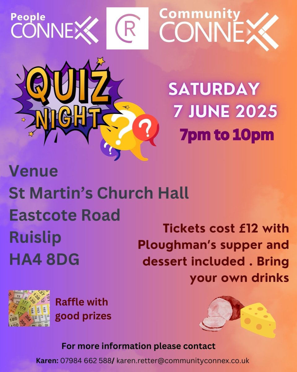 Robert Cooper (@robertcooper83) on Twitter photo We are proud to support <a href="/Comm_ConneX/">Community ConneX</a>'s quiz night! π‘
π Saturday 7th June 2025 7-10pm
π St Martin's Church Hall, Eastcote Road, HA4 8DG
ποΈ Β£12 with Ploughman's supper and dessert included (bring your own drink!)
βοΈ Contact Karen on 07984662588
#Community #QuizNight #Ruislip We are proud to support <a href="/Comm_ConneX/">Community ConneX</a>'s quiz night! π‘
π Saturday 7th June 2025 7-10pm
π St Martin's Church Hall, Eastcote Road, HA4 8DG
ποΈ Β£12 with Ploughman's supper and dessert included (bring your own drink!)
βοΈ Contact Karen on 07984662588
#Community #QuizNight #Ruislip