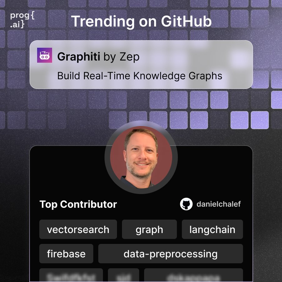 getprogai's tweet image. Trending on GitHub: @danielchalef, founder of @zep_ai.

Zep builds memory for AI agents. Its open-source framework Graphiti (the trending repo) creates evolving knowledge graphs that update in real time.