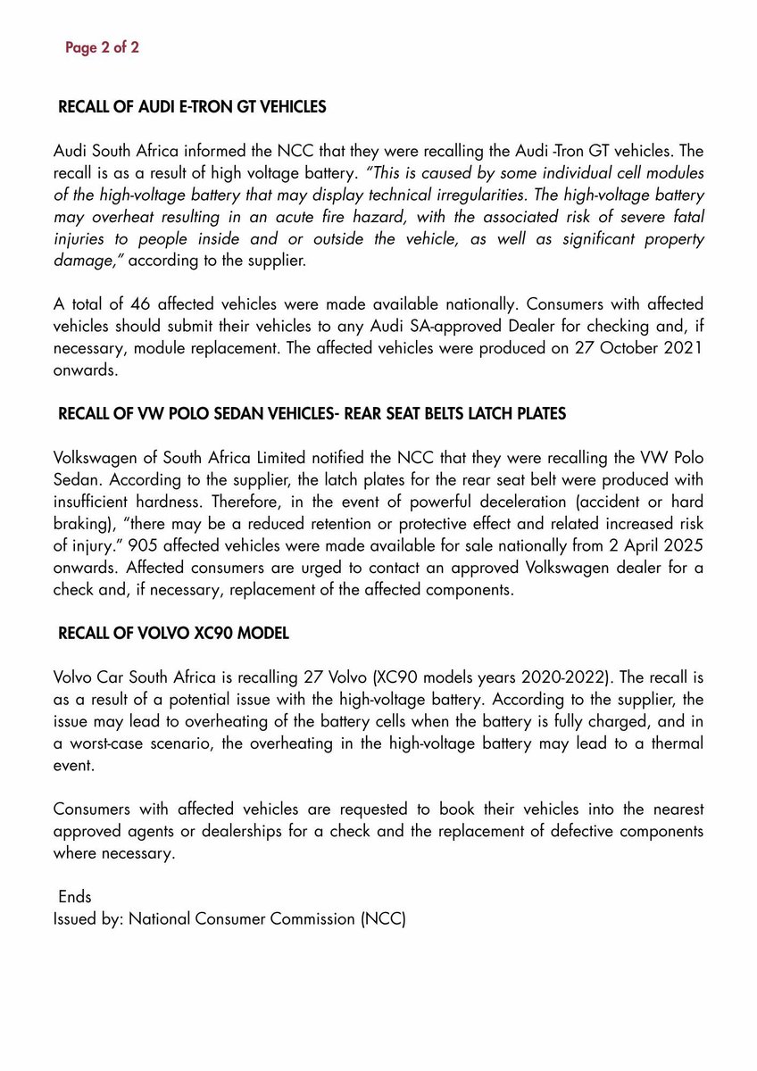 Urgent Product Safety Recalls: Several car brands which include Jeep (Wrangler and Chrysler), Citroën, Mercedes-Benz, Audi, VW Polo, and Volvo XC90 have been recalled due to safety risks.