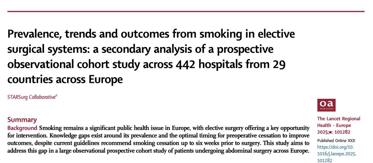 STARSurg (@starsurguk) on Twitter photo We’re pleased to share a secondary analysis from #CASCADE on the impact of smoking on elective surgery outcomes in <a href="/LancetRH_Europe/">The Lancet Reg Health-Europe</a>
This analysis included over 16,000 patients undergoing elective abdominal surgery in Europe 🏥
🧵
1/ We’re pleased to share a secondary analysis from #CASCADE on the impact of smoking on elective surgery outcomes in <a href="/LancetRH_Europe/">The Lancet Reg Health-Europe</a>
This analysis included over 16,000 patients undergoing elective abdominal surgery in Europe 🏥
🧵
1/