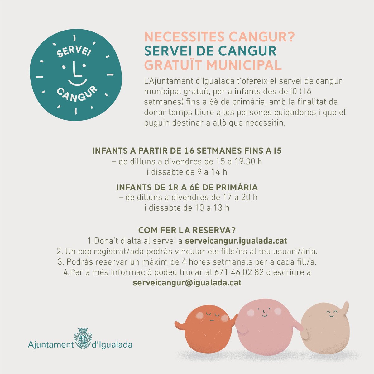 Mancom. Conca Òdena (@micod_cat) on Twitter photo 😵Tens una urgència i no saps amb qui deixar la canalla? O simplement necessites una estona per a tu?
🦘L' <a href="/ajigualada/">Ajuntament Igualada</a> t'ofereix un servei gratuït de cangur de 4 hores setmanals per a infants des fins a 6é de primària.
Info a 👉 serveicangur.igualada.cat
🤗Ens cuidem i fem xarxa! 😵Tens una urgència i no saps amb qui deixar la canalla? O simplement necessites una estona per a tu?
🦘L' <a href="/ajigualada/">Ajuntament Igualada</a> t'ofereix un servei gratuït de cangur de 4 hores setmanals per a infants des fins a 6é de primària.
Info a 👉 serveicangur.igualada.cat
🤗Ens cuidem i fem xarxa!