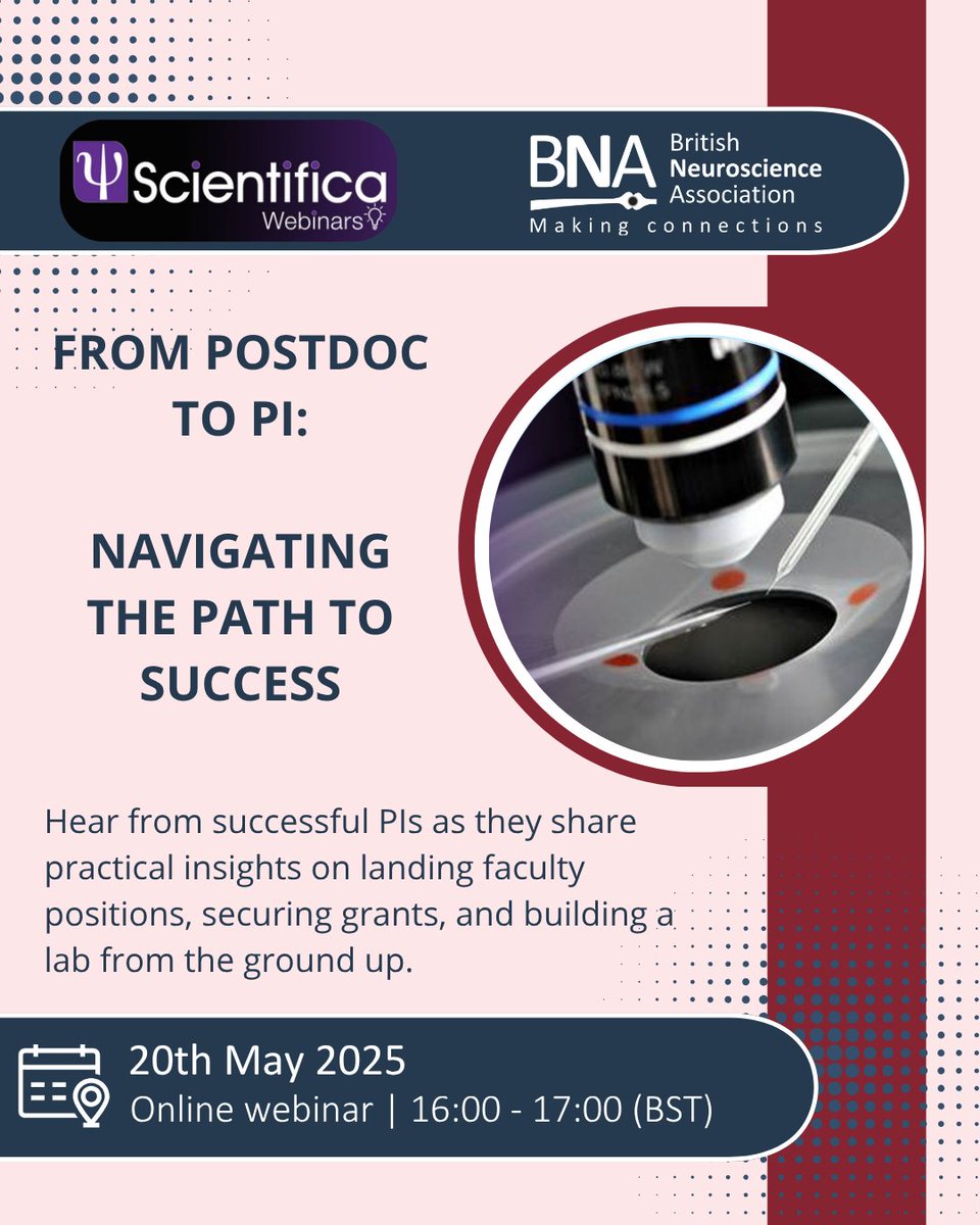 🗓️ Tuesday 20th May | 🕓 16:00 - 17:00 (BST) | 💻 Online &amp; Free

Are you interested in running your own lab? This webinar is perfect for those in electrophysiology or related fields

Register now and take the next step in your research journey 🥼 
bna.org.uk/mediacentre/ev…