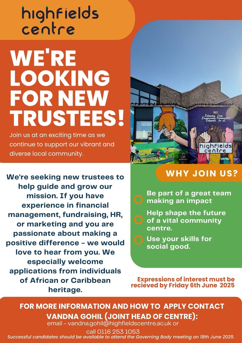Highfields Centre (@h_fieldscentre) on Twitter photo <a href="/H_fieldsCentre/">Highfields Centre</a> We're looking for #NewTrustees to help guide & grow our work. Get in touch to find out more if you:
· Enjoy responsibility for strategic administration/management
· Experienced in financial management/fundraising/HR/marketing
· from an African/Caribbean origin <a href="/H_fieldsCentre/">Highfields Centre</a> We're looking for #NewTrustees to help guide & grow our work. Get in touch to find out more if you:
· Enjoy responsibility for strategic administration/management
· Experienced in financial management/fundraising/HR/marketing
· from an African/Caribbean origin