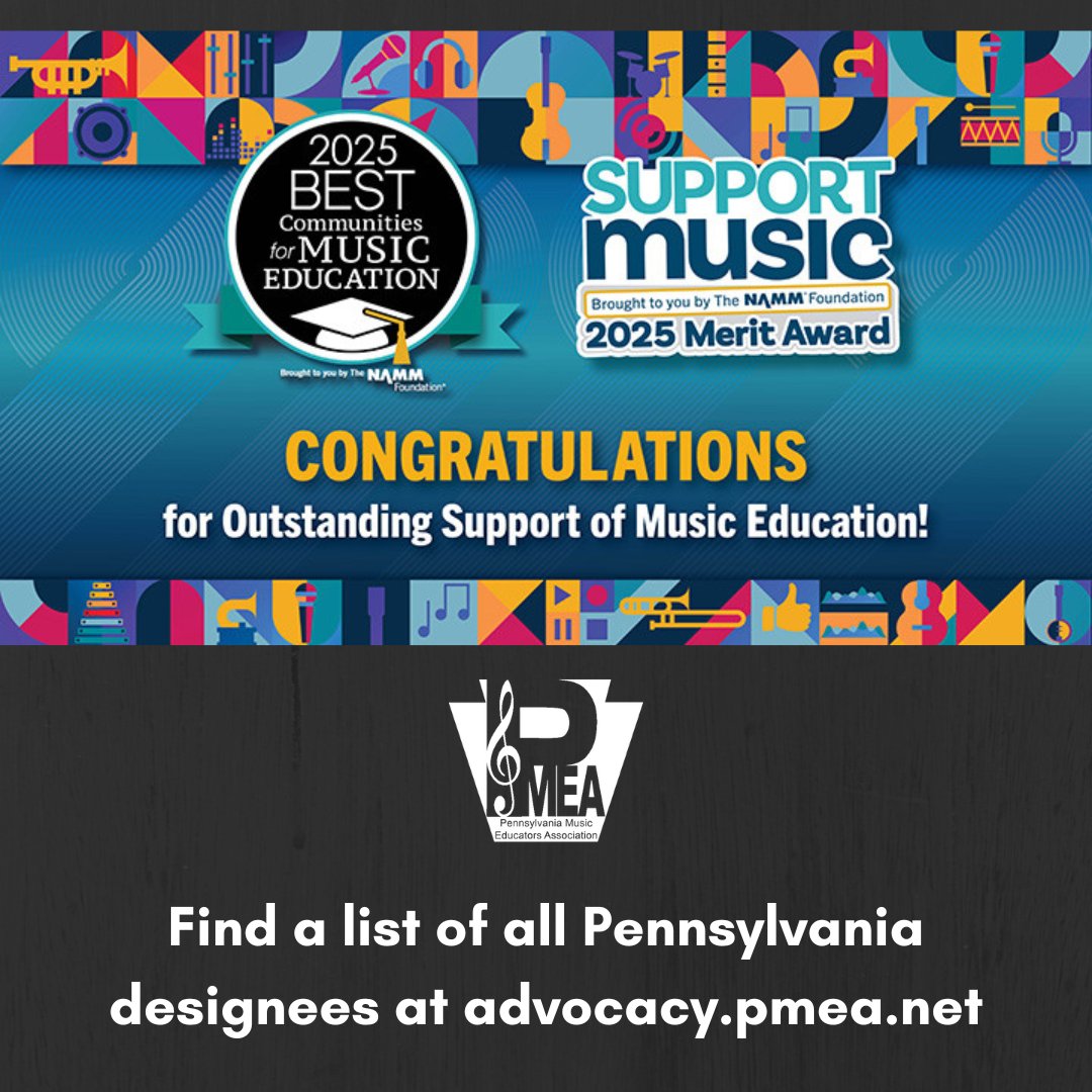 Congratulations to the Pennsylvania schools recognized by the NAMM Foundation and 2025 Best Communities for Music Education and SupportMusic Merit Award designees!

advocacy.pmea.net/2025-namm-foun…