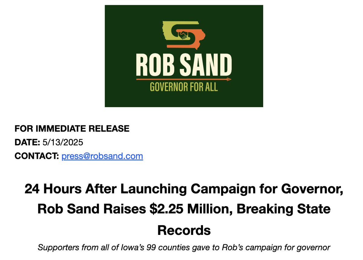 emmaobrien1496's tweet photo. 🚨🚨🚨 HUGE news for @RobSandIA: in just 24 hours, he's raised a record-breaking $2.25 MILLION  - with donations from all of Iowa's 99 counties. #IAGov https://t.co/OdLpdey6TL