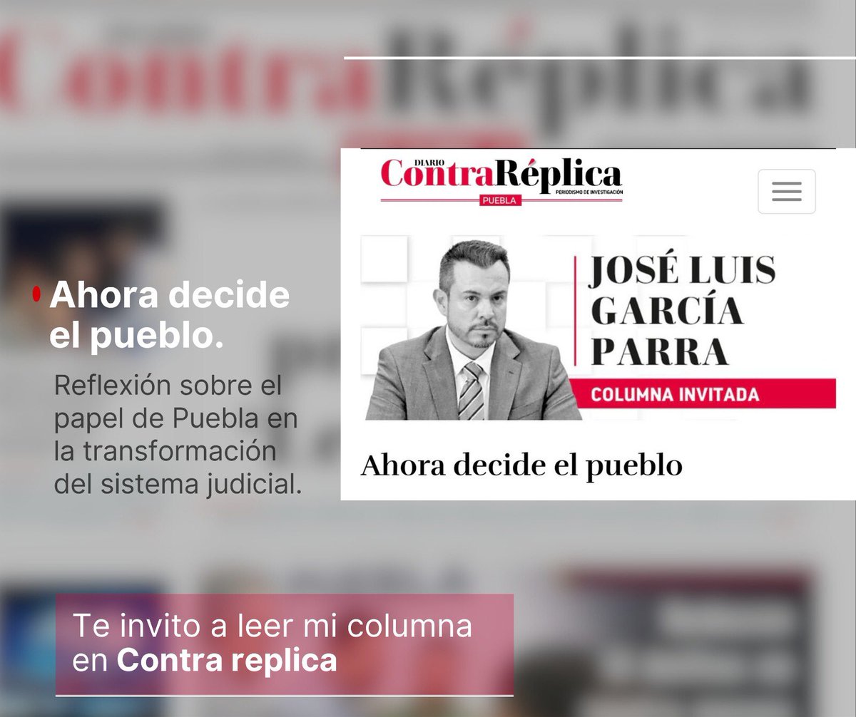 Ahora decide el Pueblo. 🗳️

Por primera vez en la historia, las y los mexicanos elegirán a quienes imparten justicia en su nombre. ⚖️🇲🇽

Te invito a leer mi columna en <a href="/ContraReplicaPu/">ContraReplica Puebla</a>.👇🏼

puebla.contrareplica.mx/nota-Ahora-dec…

#ReformaJudicial
#AhoraDecideElPueblo
