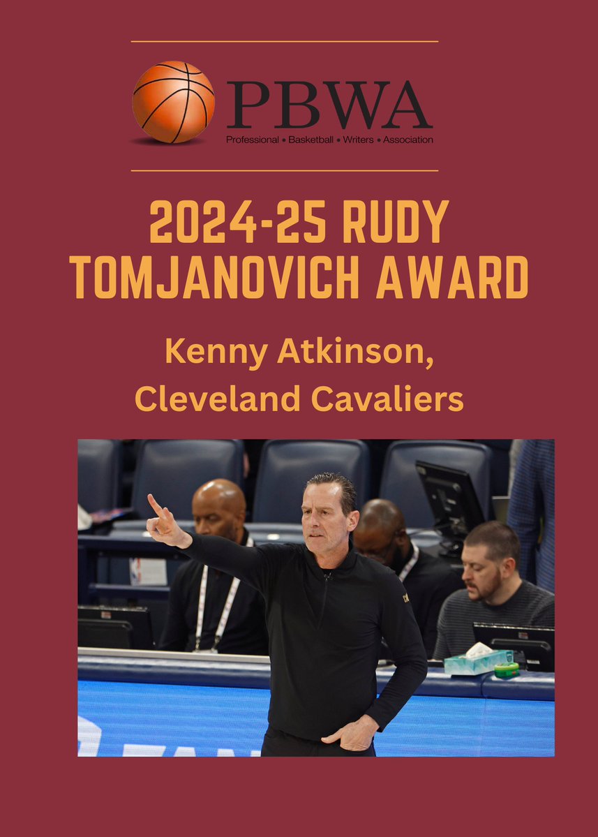 The PBWA is pleased to announce that Kenny Atkinson has won the Rudy Tomjanovich Award for the 2024-25 season.  

Press release: probasketballwriters.org/cavaliers-head…
