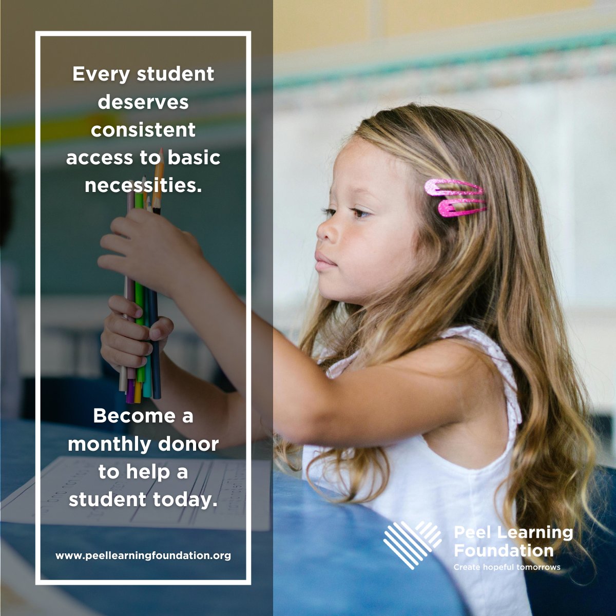 Become a monthly donor and be a lifeline for Peel District School Board students in need. Even a small monthly gift can create lasting change. 💙 Join us in making a difference, one month at a time.

donation.peellearningfoundation.com