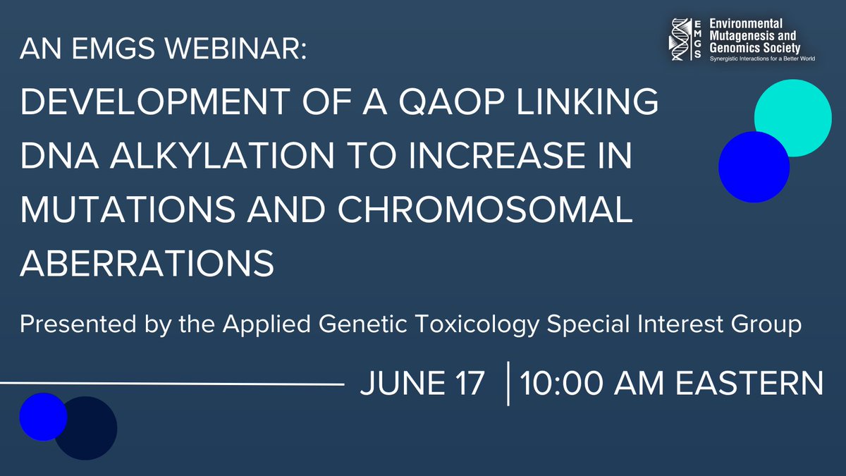 Don't miss our new #EMGS webinar, "Development of a qAOP linking DNA alkylation to increase in mutations and chromosomal aberrations," hosted by the Applied Genetic Toxicology SIG on June 17th!  

Register Now: emgs-us.org/event/qAOPwebi…

This webinar will feature Levi Winkelman